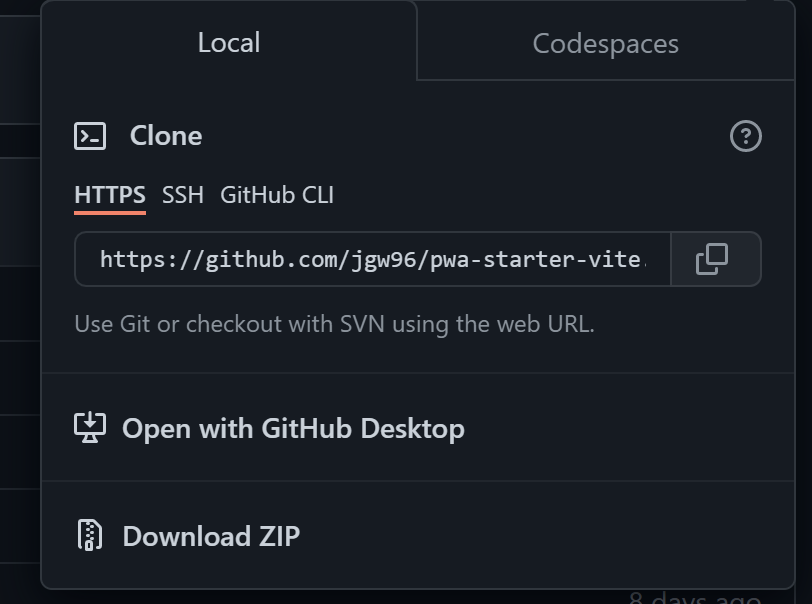 A screenshot that shows the copy button on the pwa-starter Github repo